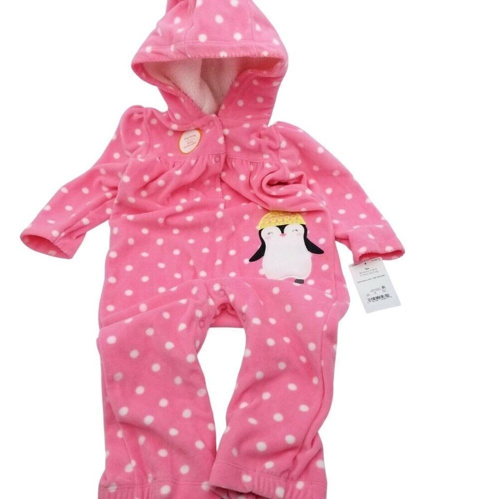 New Carters Pjs One Piece Pajamas Penguin 12 Mos Long Sleeve Pink Polka Dot